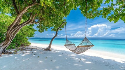 A tranquil tropical beach backdrop features a beach swing or hammock, white sand, and a serene sea, ideal for relaxation 