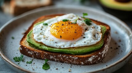 Delicious Avocado Toast with Sunny Side Up Egg on Rustic Plate for Healthy Breakfast