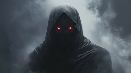 Monster of darkness hunter of good and evil with glowing eyes in shroud with dark smoke background