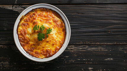 Wall Mural - Savory baked dish with melted cheese and parsley topping, presented in a white ceramic dish on a rustic wooden table, ideal for food photography and culinary projects