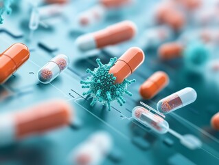 Colorful capsules and a virus illustration representing pharmaceuticals and healthcare innovation in a digital environment.