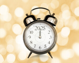 2022 written on a vintage alarm clock, bokeh lights background