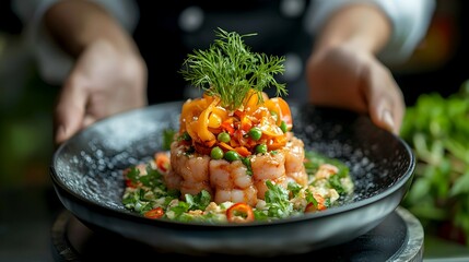 Wall Mural - shrimp salad with Bell Pepper and sesame seeds in Black Plate