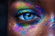© DKPhoto - A close-up image of an eye adorned with vibrant colorful makeup and sparkles, highlighting expressive beauty and artistic makeup techniques in stunning detail.