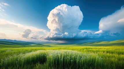 Wall Mural - A majestic, towering cumulonimbus cloud forming over a dramatic landscape, hinting at an approaching storm.