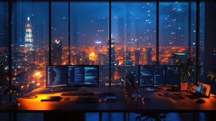 Wall Mural - Mesmerizing Night City Skyline View from Skyscraper Window