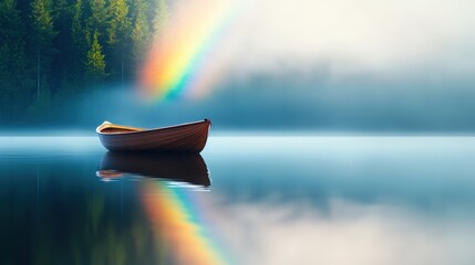 Wall Mural - A peaceful scene of a rainbow reflected in a calm lake, with a rowboat gliding across the water.