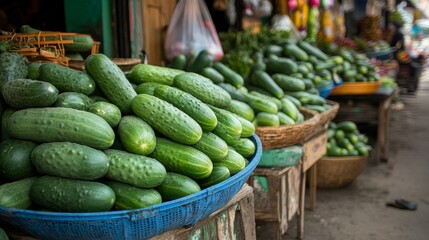 Cucumbers, a popular vegetable, are sold cheaply in a Banten, Indonesia market. The photo, taken in the morning, showcases the affordability of this produce.