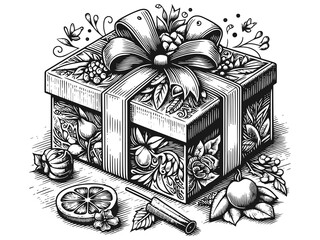 Beautifully decorated gift box with floral patterns in ink drawing style. Raster, generative ai.