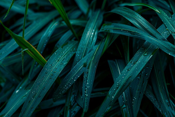 Dew-covered leaves reflect light in lush green environment