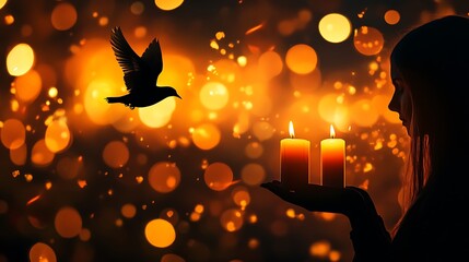 Wall Mural - a woman's silhouette holds two lit candles, with a dove flying in the background. the warm, bokeh li