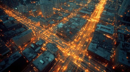 Aerial View of City Streets at Night with Traffic Light Trails