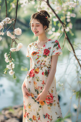 Wall Mural - 花柄の服を着た妊娠しているアジア人女性のファッションポートレート写真