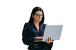 © Iona - Focused businesswoman in suit holds laptop works at home against transparent background. Home office, remote job. Ceo reading mail. Female architect planning new project. Successful women.