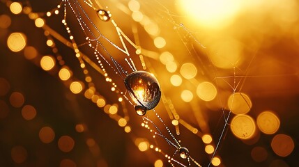 Golden Dewdrop on Spiderweb at Sunrise