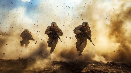 Three soldiers running through a dust cloud during a battle.