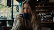 © vannet - Realistic photo of a young woman sitting in an italian cafe