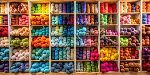 Colorful wool and yarn displayed on shelves in a knitting shop