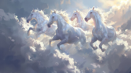 Three white horses are flying through the sky