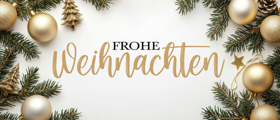 Poster - Frohe Weihnachten, festliche Grußkarte mit deutschem Text - Rahmen Dekoration mit goldene Christbaumkugeln Ornamenten und Tannenzweigen, isoliert auf weißem Papier Tisch Hintergrund, Draufsicht