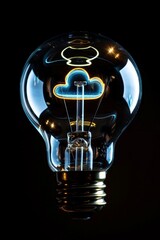 Sticker - Cloud Computing Concept Illuminated Light Bulb with Cloud Symbol, Isolated on Black Background