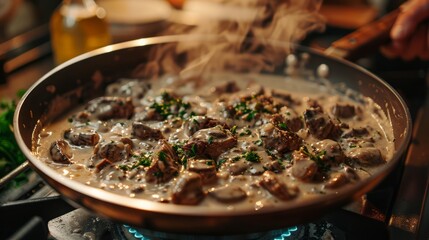 Cooking a classic beef stroganoff with creamy sauce and tender beef, simmering in a pan on a stove