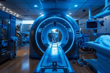 A hospital room featuring an MRI machine, designed for advanced medical imaging and patient care, The beauty of medical imaging technologies, AI generated