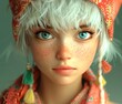 © Andrea Marongiu - Detailed 3d portrait of a young girl with white hair, blue eyes, and freckles, wearing a red hat and colorful scarf, exuding beauty and innocence in a unique fashion style