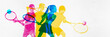 © master1305 - Children Play. Vibrant silhouettes of young children in action with tennis rackets, practicing, playful learning of tennis. Contemporary art collage. Concept of sport, active and healthy lifestyle
