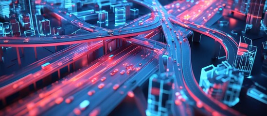 Futuristic Cityscape with Neon Lights and Traffic Flow