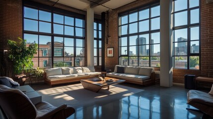 Sticker - Modern Loft Interior with City View and Sunlight Streaming Through Large Windows