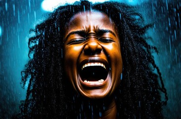 Wall Mural - upset black woman screaming, crying at street under rain. shock and emotional breakdown, depression