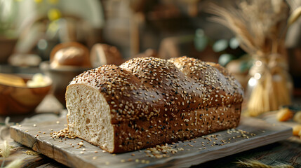 Organic whole grain bread, fresh loaf with seeds