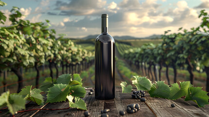 Organic wine bottle, with vineyard background