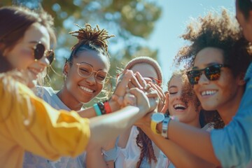 Wall Mural - A group of friends taking a selfie with their cell phones, casual and fun moment