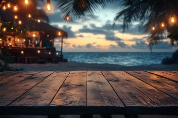 Empty wooden table with blurred beach bar at night