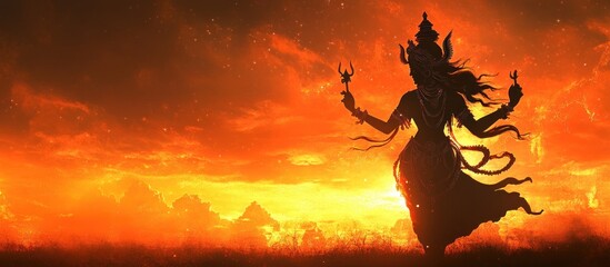 Silhouette of a Hindu Goddess with a Trident Against an Orange Sunset