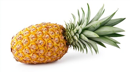 A ripe pineapple with a textured exterior and green leaves.