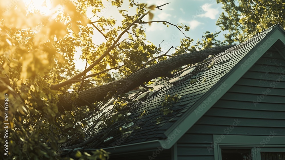 A fallen tree on a house roof after a hurricane, symbolizing storm ...