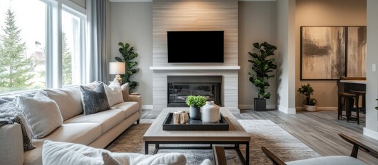 Sticker - Modern Living Room with Fireplace and Large Windows