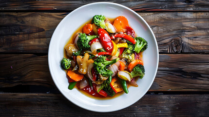 Poster - Steamed vegetables with soy sauce seasoned with sesame seeds lying on a white plate on a wooden table