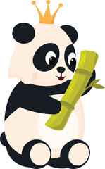 Wall Mural - Cute cartoon panda with a crown, sitting and holding a bamboo shoot