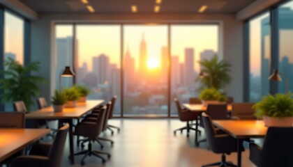 Wall Mural - Blur background of office interior with large windows with city urban view, plants, and wooden desks at sunset. Modern workplace and urban greenery concept. Design for poster, wallpaper. Spate.