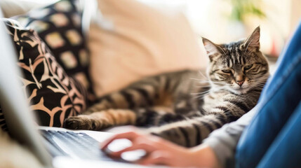 A tabby cat sprawls comfortably beside a person typing on a laptop while relaxing on a couch in a warm, inviting living area