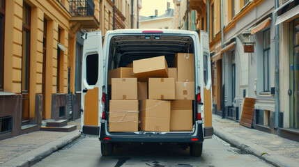 A delivery van with stacked cardboard boxes is parked in a narrow urban street lined with charming buildings on a sunny day