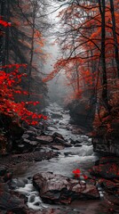 Poster - Autumn River Flowing Through a Misty Forest