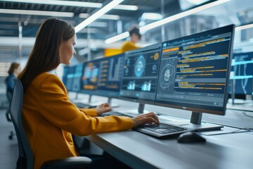 Female Software Developer Working in Control Room with Multiple Monitors. Coding and Programming