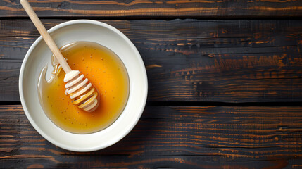 Poster - Golden honey in a bowl with a wooden honey dipper on a rustic table