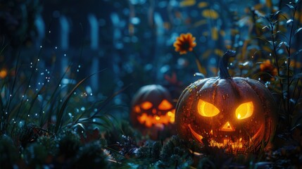 Spooky Halloween night with glowing jack-o-lanterns in a dark garden, surrounded by plants and a mysterious atmosphere.