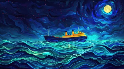 A Ship Sails Beneath a Starry Night with a Full Moon